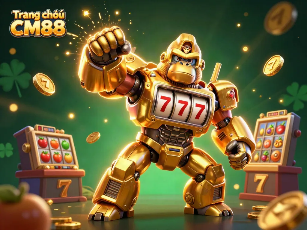 Engage with Trang chủ CM88's exciting gambling experience featuring dynamic slot reels and golden gorilla mech