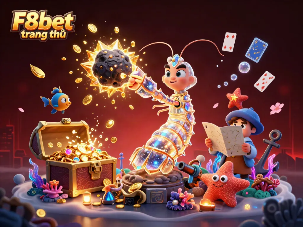 Experience F8bet trang chủ with a vibrant 3D scene of a mantis shrimp, treasures, and exciting game elements.