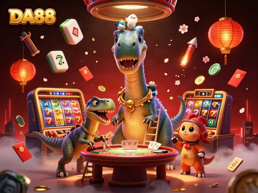 Experience DA88's vibrant casino atmosphere with a giant brontosaurus overseeing a lively poker game.