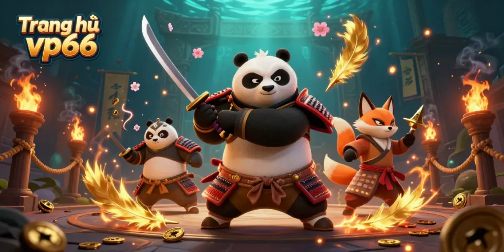 Experience thrilling action at Trang chủ vp66 with dynamic 3D illustration of samurai panda and ninja fox.