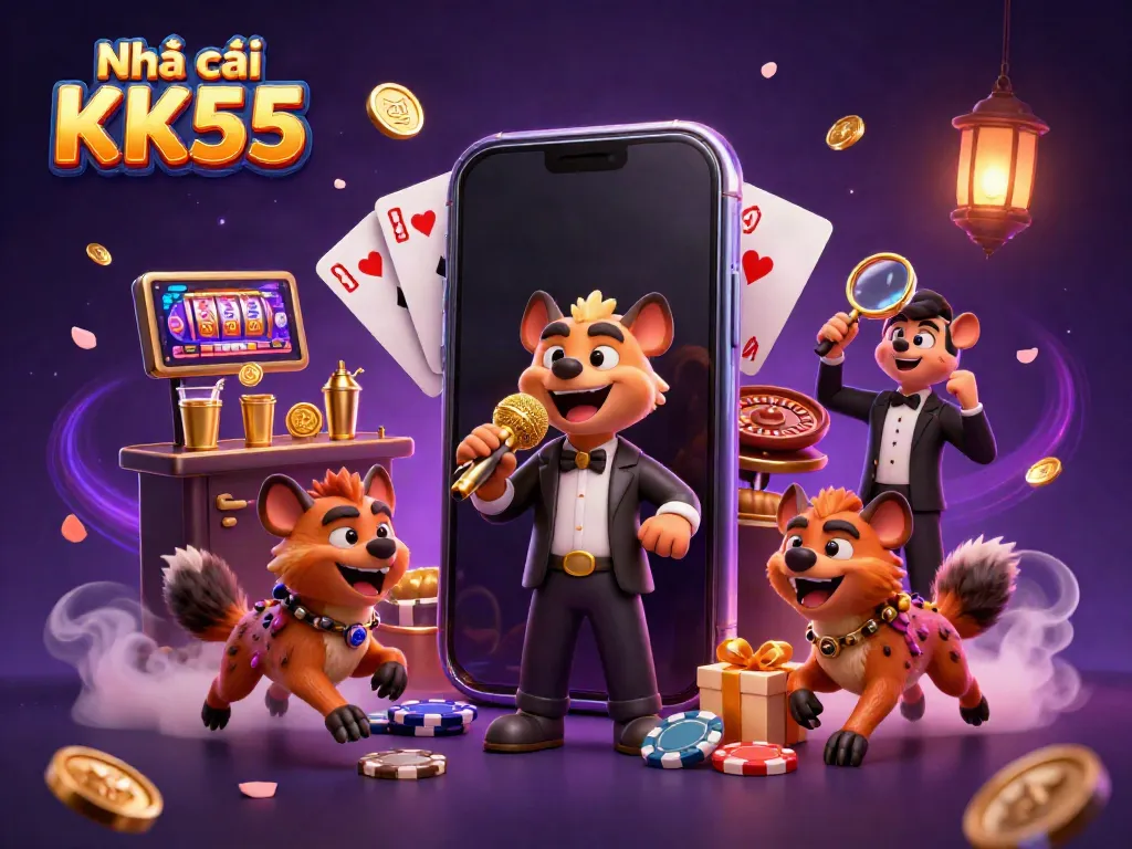 Experience the vibrant energy of Nhà cái KK55 with lively hyena characters engaging in unique casino activities.