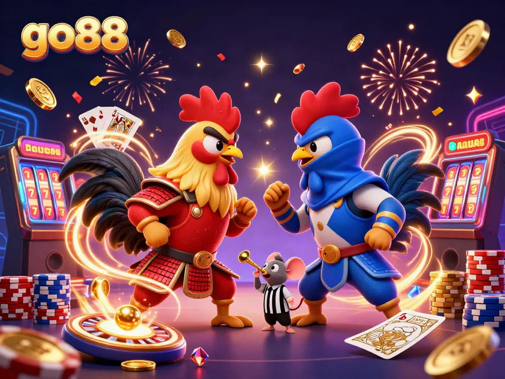 Engaging scene of go88 with fighting roosters and vibrant casino elements for thrilling gameplay