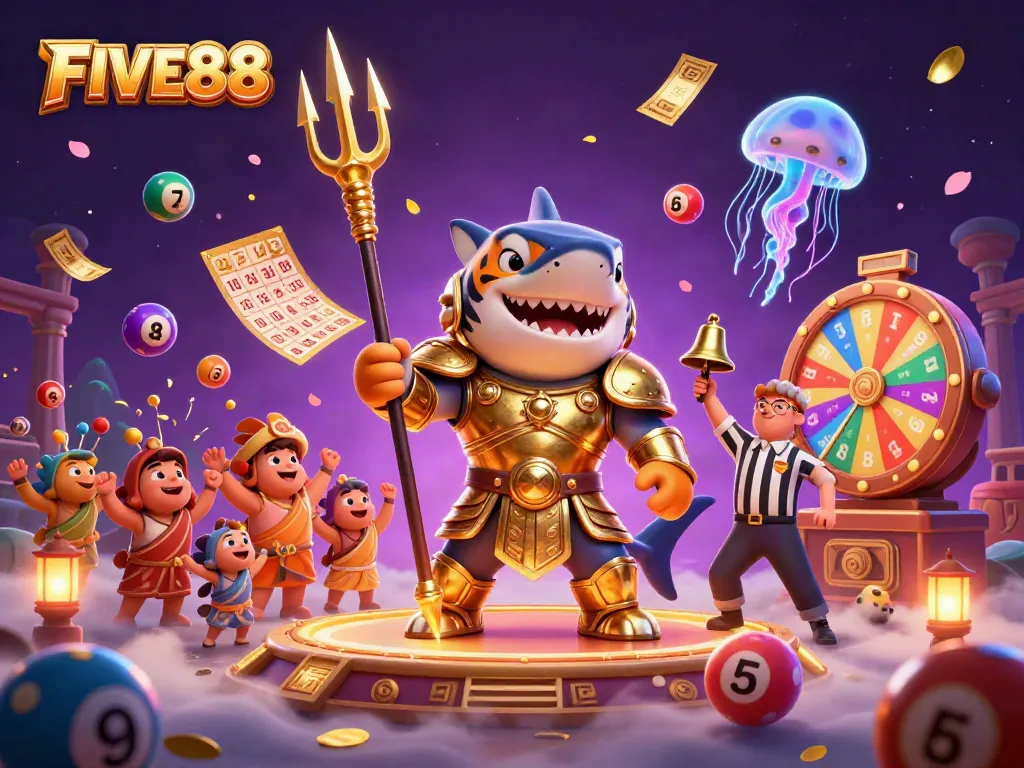 Engage in dynamic gaming action at FIVE88 with vibrant 3D illustration featuring a shark warrior.