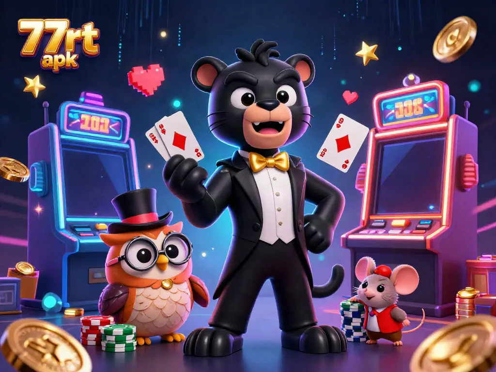 Experience the thrill of 77rt apk with a stylish black panther dealer and friends amidst vibrant gaming elements.