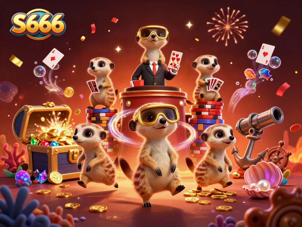 S666 meerkats run a lively casino scene, featuring a pit boss and card dealers among golden treasures.