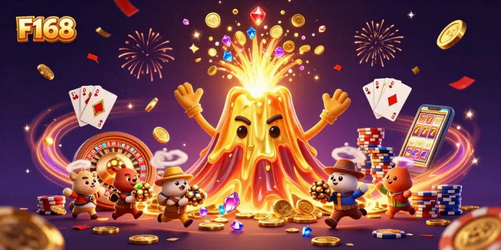 F168 showcases winning strategies and excitement with a golden volcano erupting treasure alongside dynamic casino elements.