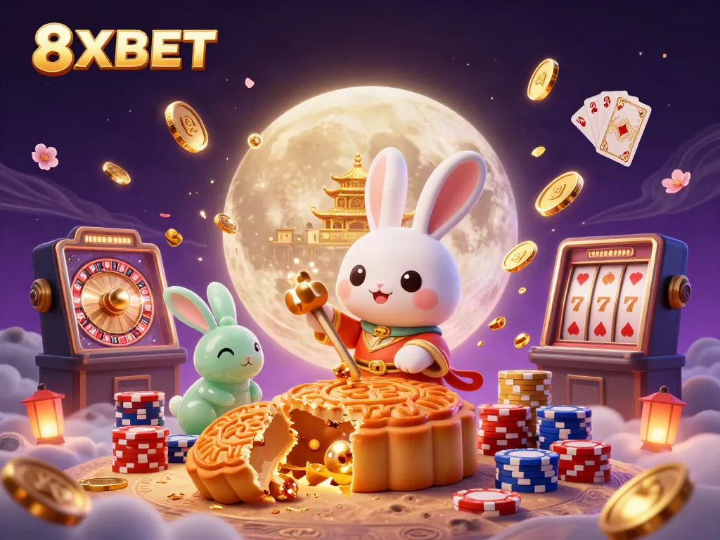 Experience the festive spirit with 8XBET in this vibrant casino scene, featuring playful characters and casino elements.