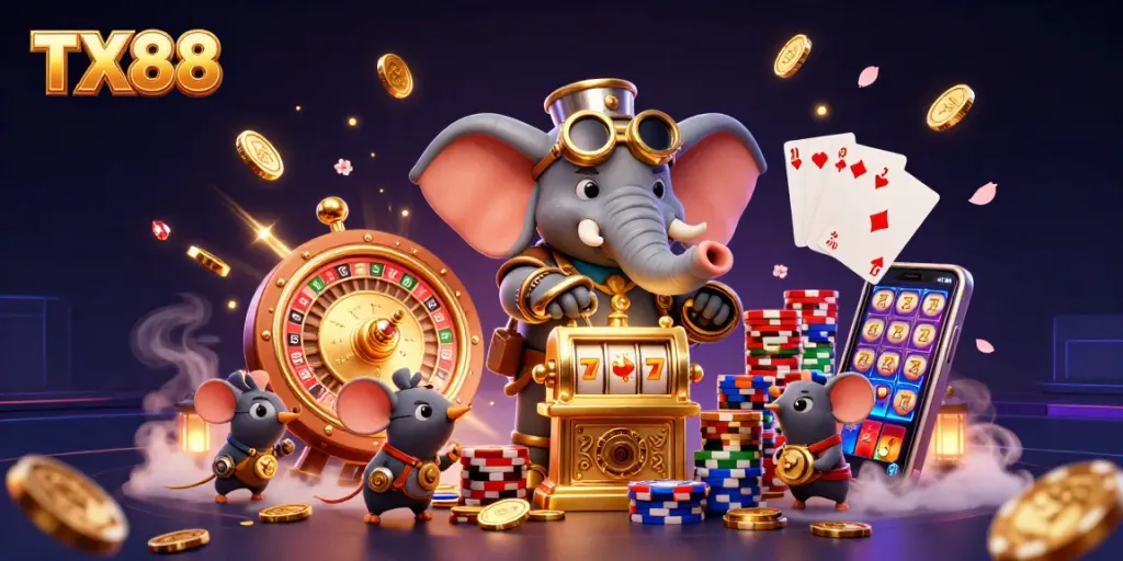 Engage with TX88's thrilling slot machine action featuring a steampunk elephant engineer and vibrant game elements.