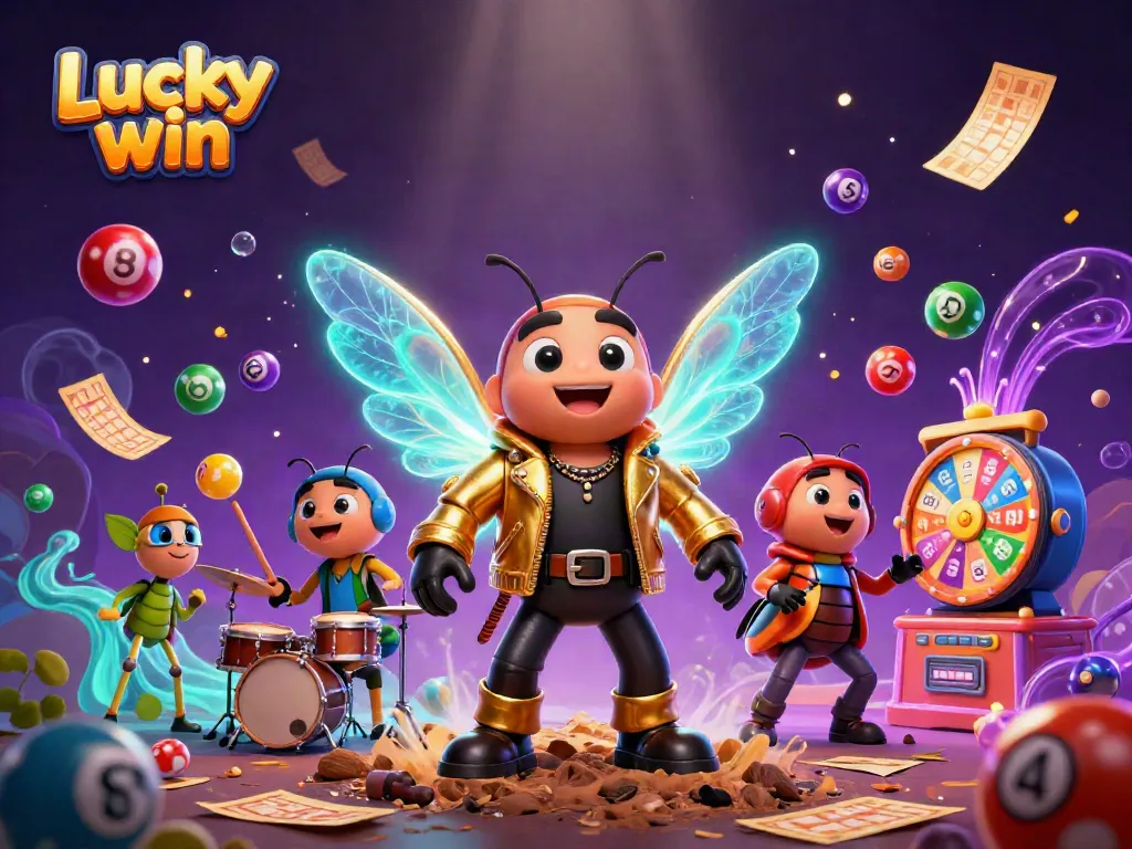 Experience the excitement of Lucky win with vibrant casino elements and cheerful characters celebrating together.