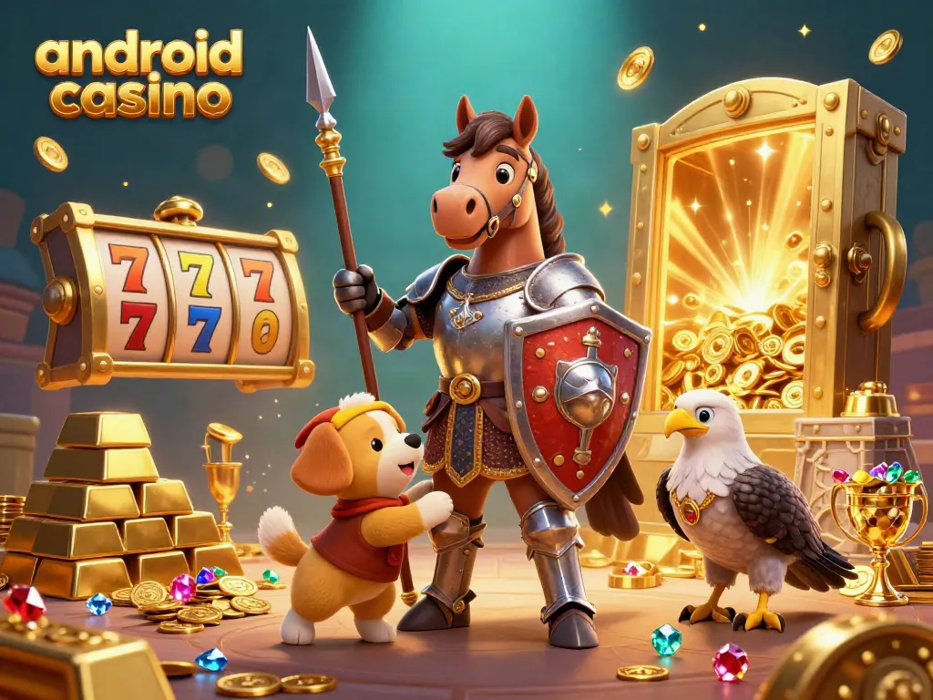Engage with thrilling android casino adventures featuring animated characters and rich gaming elements in a vibrant scene.