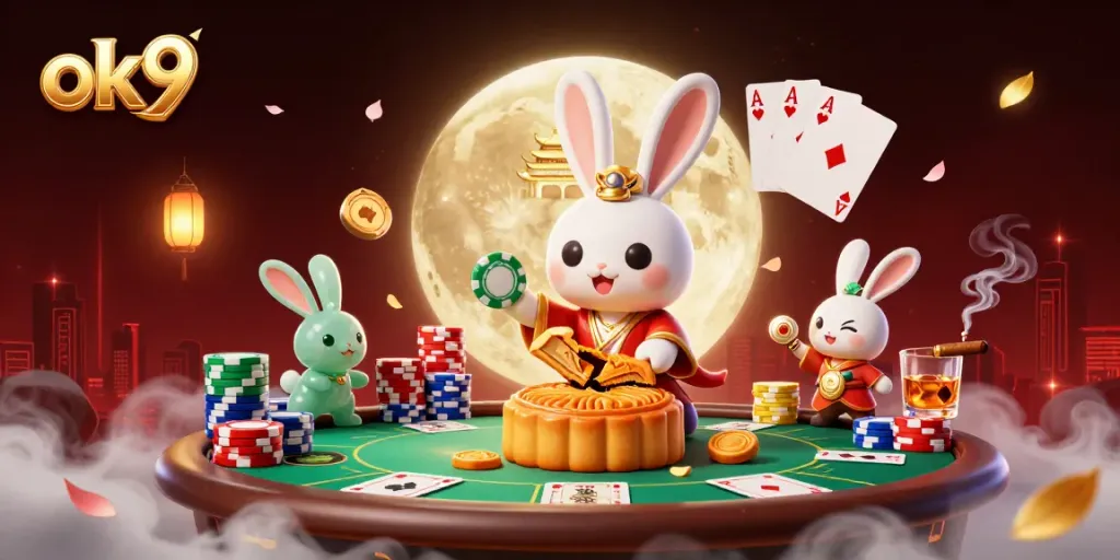 Engage with the vibrant casino scene featuring ok9 poker chips and folklore characters flourishing in a cinematic lunar setting.