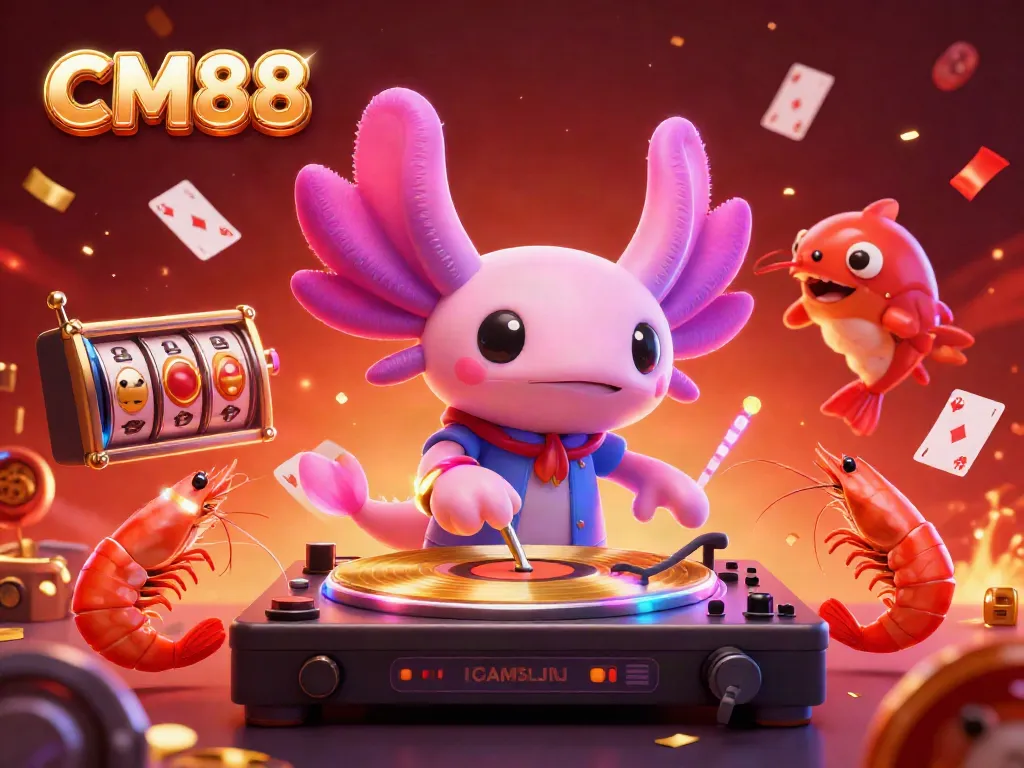 Experience CM88's vibrant 3D casino scene featuring a DJ axolotl and lively shrimp, bringing jackpot excitement.