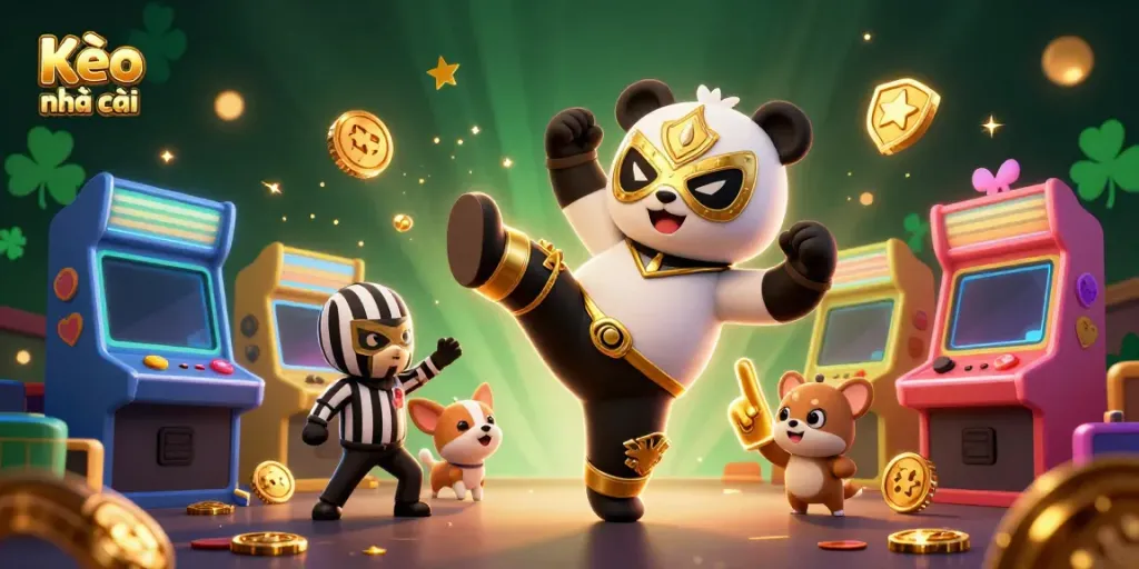 Experience the excitement of Kèo nhà cái with an action-packed illustration featuring a wrestling panda and animal spectators.