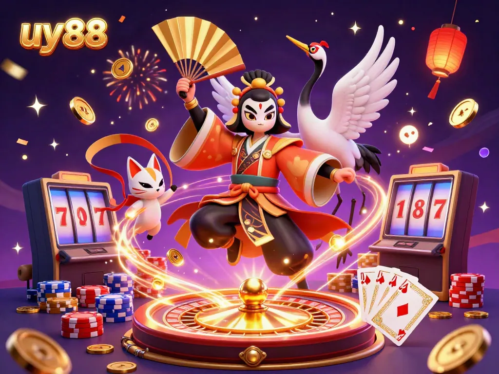 Engage in exciting gameplay with uy88, featuring a kabuki warrior, lucky 7s, and vibrant casino elements.