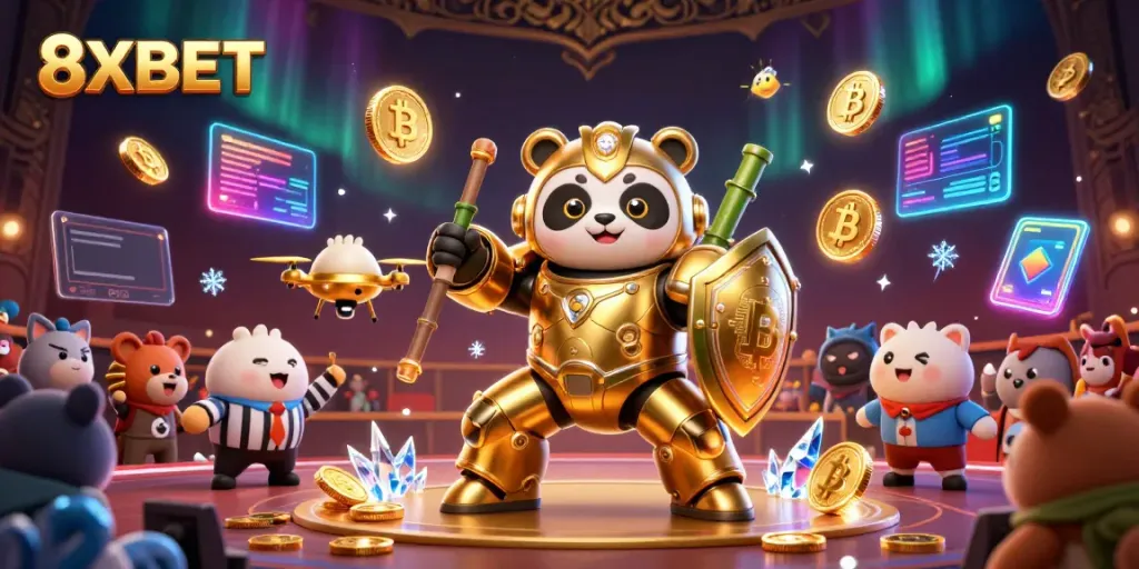 Experience the excitement of 8XBET in a vibrant 3D illustration of a casino-themed robot battle.