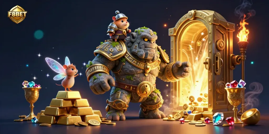 Experience F8BET's engaging online casino world with a lively, magical illustration featuring a stone golem, fairy, and hamster knight.