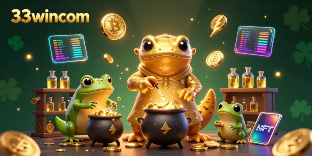 Experience the magic of 33wincom with a golden alchemist and dynamic gaming elements in a rich casino scene.