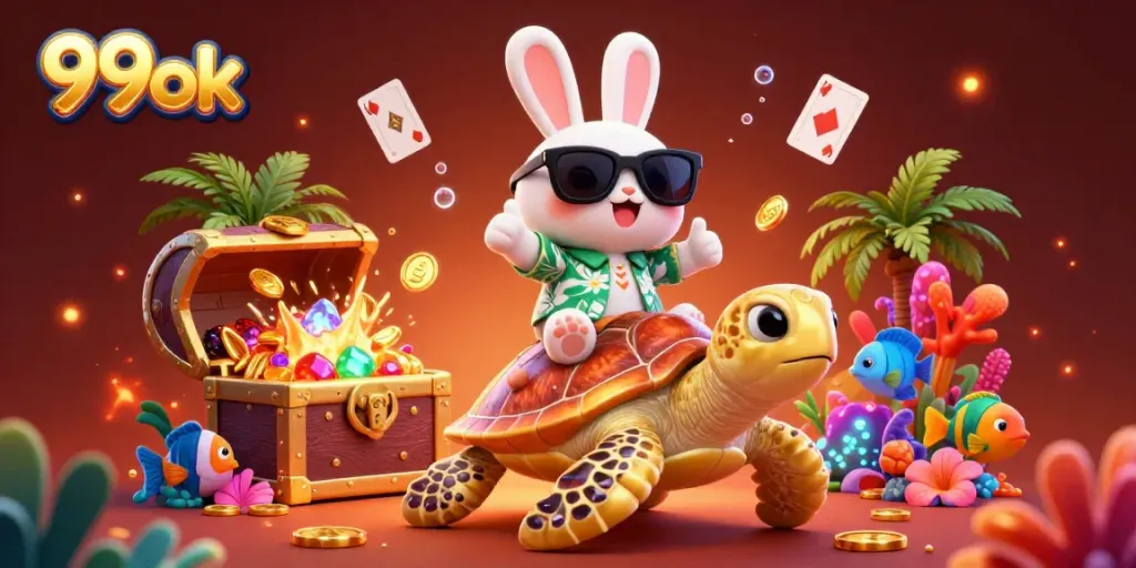 Engage in thrilling games with 99ok's vibrant underwater adventure scene, featuring lucky rabbit and sea turtle.