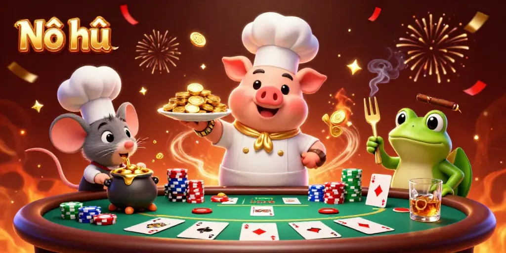 Experience the thrill of Nổ hũ with a chef pig serving gold coins, surrounded by vibrant poker action in a lively casino scene.