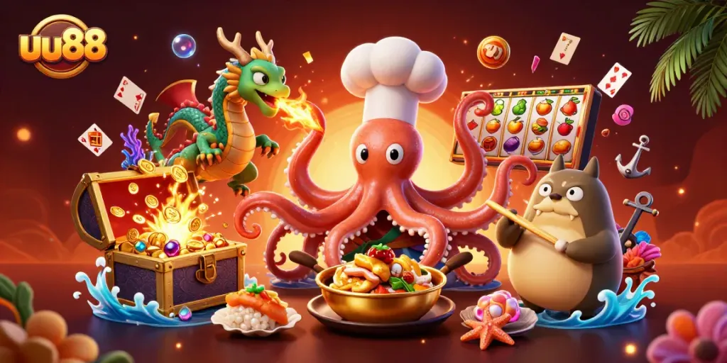 uu88 online casino-themed illustration featuring a dynamic sushi chef octopus, dragon, and tanuki in a vibrant setting.