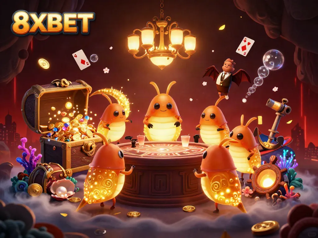 Experience thrilling excitement at 8XBET with glowing casino glowworms playing games in a vibrant underwater world.