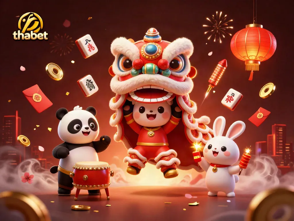 Join the vibrant thabet festivities with a lively lion dance, drumming panda, and exciting casino elements.