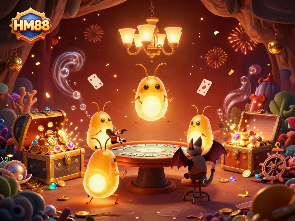 Experience the excitement at HM88 with a vibrant cave casino lit by glowworms and a bat dealer.