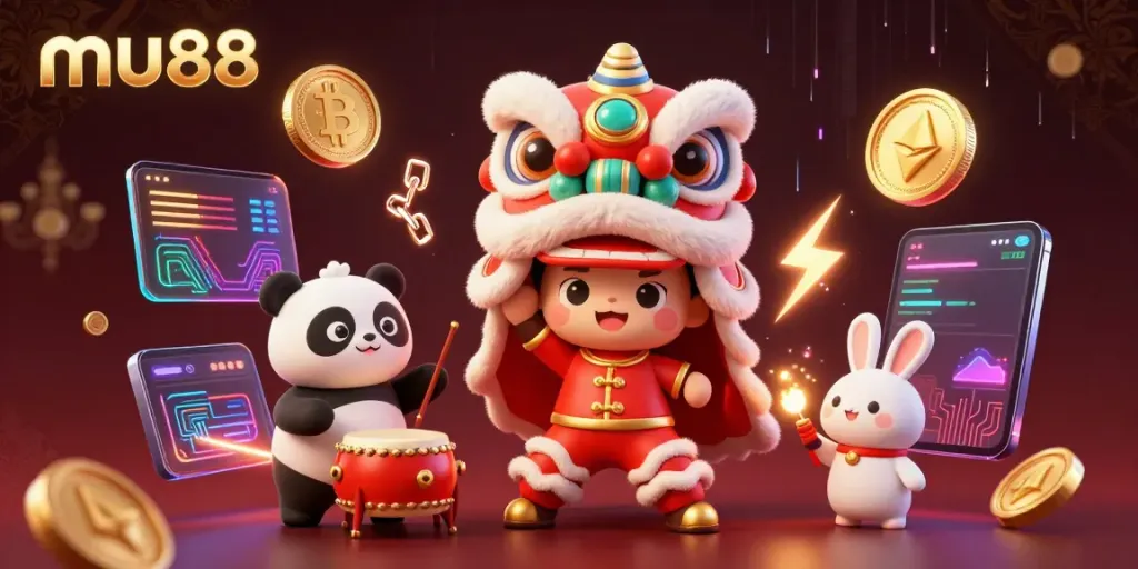Engage in thrilling casino experiences at mu88 with vibrant lion dance and crypto elements.
