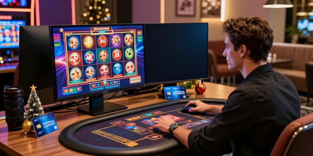 Player enjoying thrilling gameplay at amex casinos, with American Express card and vibrant game visuals in a stylish office.