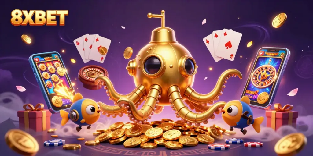 Engage with thrilling slot games at 8XBET featuring a golden kraken and vibrant casino elements.