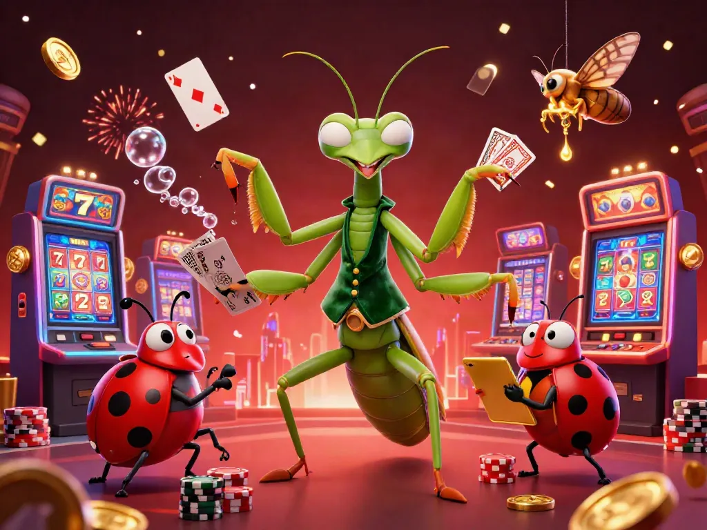 Tài Xỉu MD5 game features a giant praying mantis card sharp and ladybug pit boss amidst vibrant slot machines and gold coins.