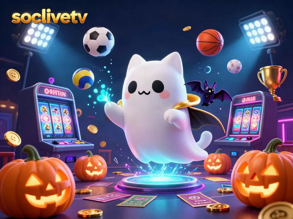 Socolivetv’s ghost cat and vampire bat illuminate a haunted casino scene filled with dynamic sports betting elements.