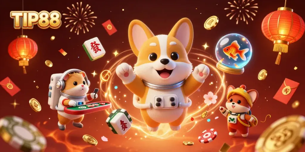Experience thrilling adventures with TIP88 in this vibrant 3D casino scene featuring unique characters and lively elements.