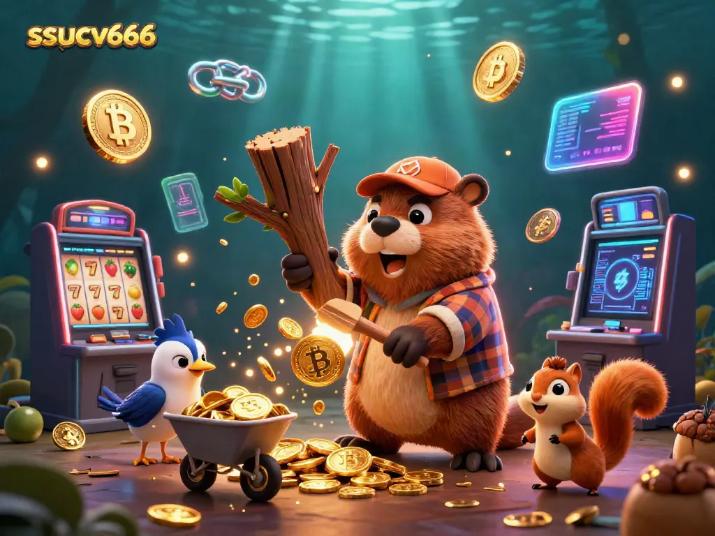 Experience fun at ssucv666, where a beaver chops a tree raining gold coins amidst slots and crypto elements.