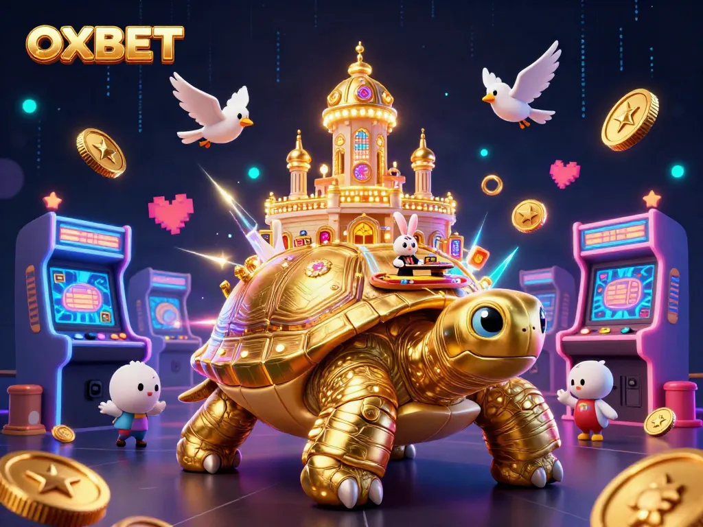 Experience OXBET's thrilling casino action with a vibrant 3D illustration showcasing colorful games, unique characters, and gold coins.