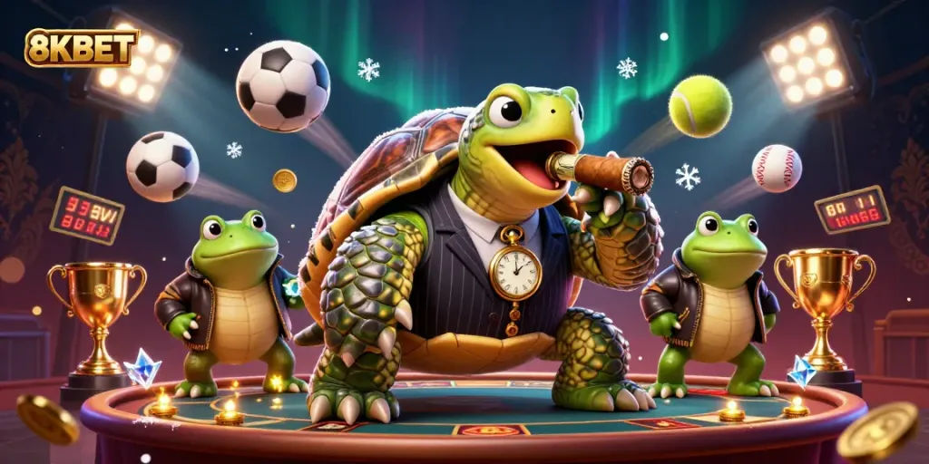 Engage with 8KBET as a massive snapping turtle in a mobster suit dominates a thrilling gambling scene.