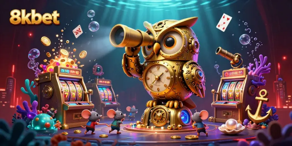 Experience the thrill of 8xbet with a vibrant, magical casino scene featuring a golden owl and animated mice.