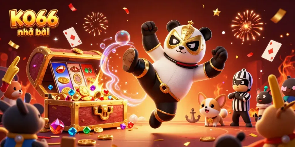 KO66 nhà cái captivates with a dynamic scene featuring a wrestler panda and excited spectators in a vibrant casino atmosphere.