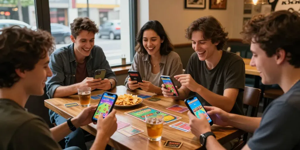 Friends enjoying 3 Patti no1 card game on smartphones in a cozy coffee shop.
