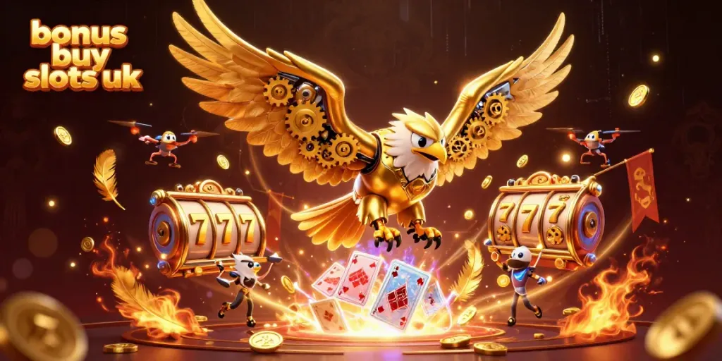 Engage with bonus buy slots uk in a vibrant, dynamic 3D casino scene featuring a cybernetic golden eagle.