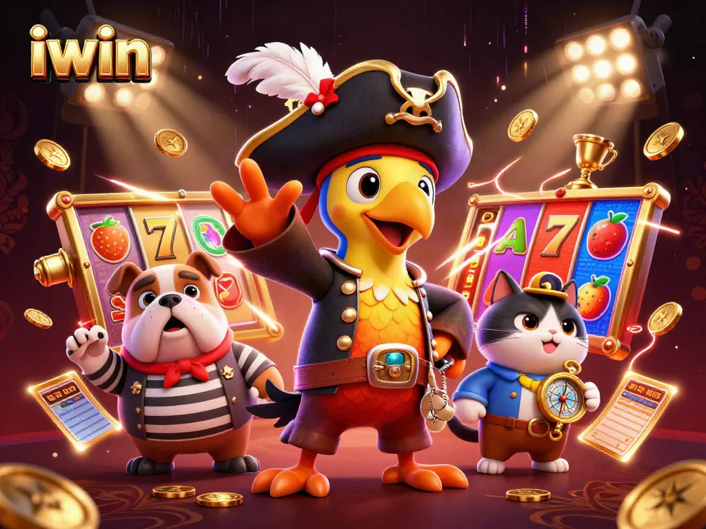 Play exciting iwin slot games with vibrant visuals featuring pirate captain, bulldog, and cat