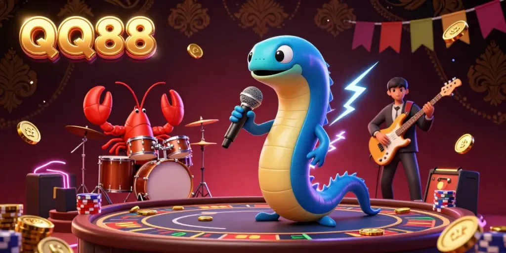 Engage with the vibrant atmosphere of QQ88's underwater casino stage featuring a DJ eel, band, and gold tokens.