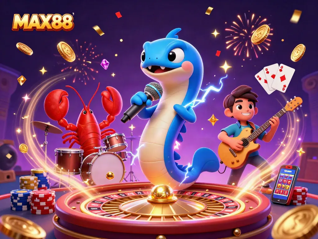 MAX88's vibrant celebration with electric eel DJ and festive casino elements.