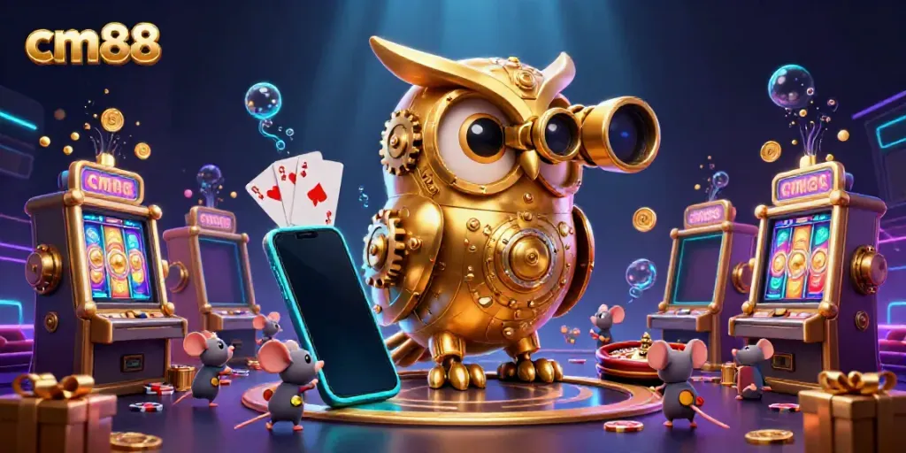Experience the excitement at cm88 with a whimsical 3D scene featuring a golden owl and casino elements
