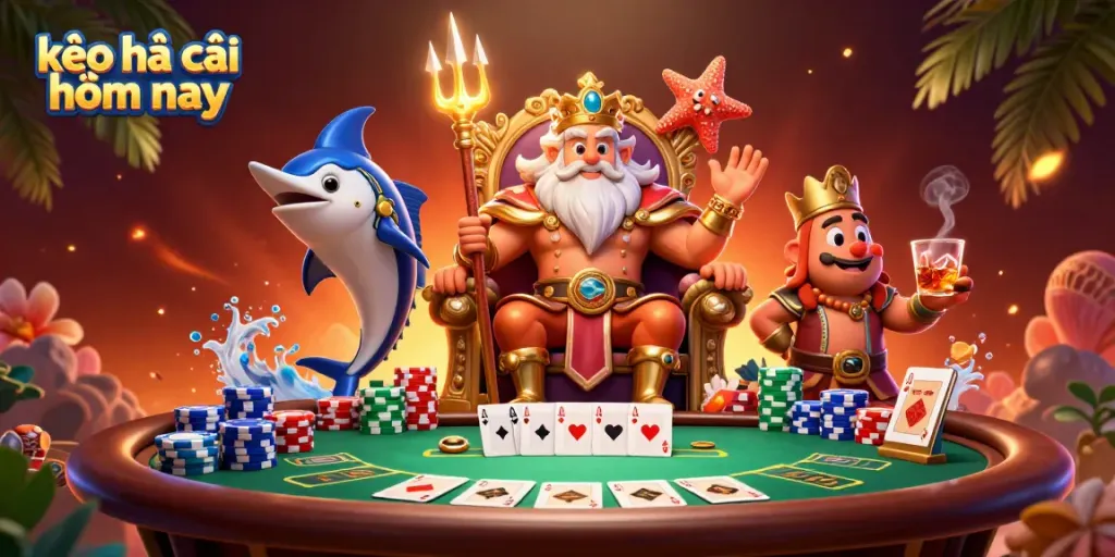 Engage with kèo nhà cái hôm nay through a vibrant scene featuring Neptune at a poker table, showcasing colorful chips and dramatic cards.