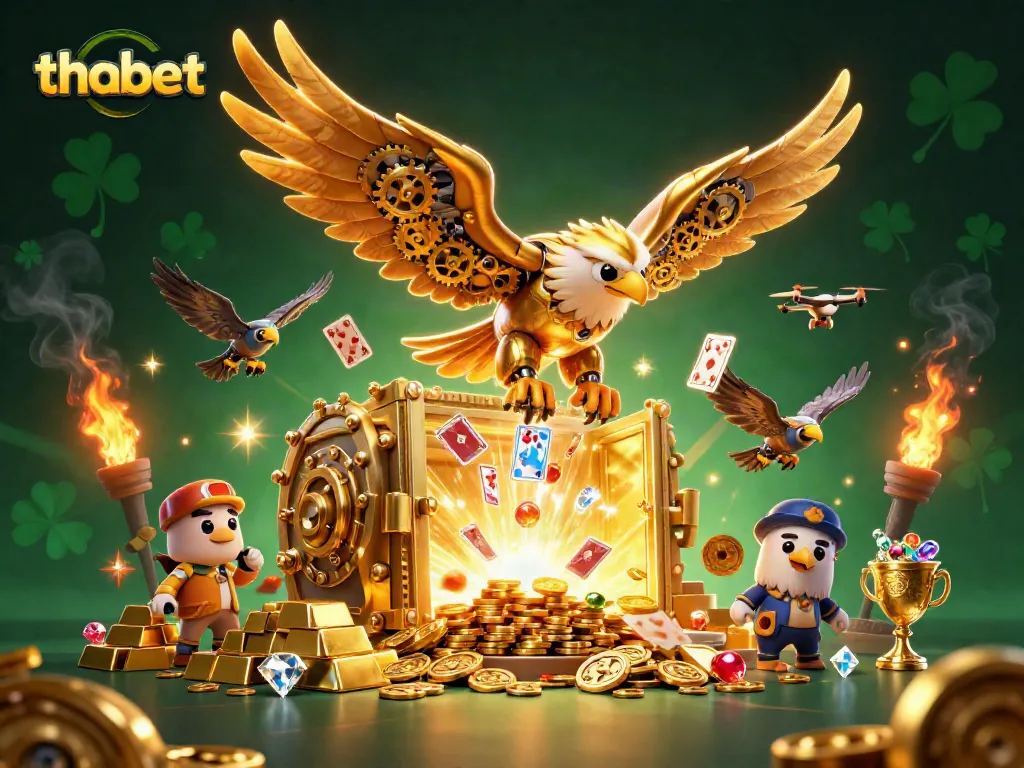 Experience thrilling action at Thabet casino with a dynamic illustration of a golden eagle amidst flying cards and treasure.