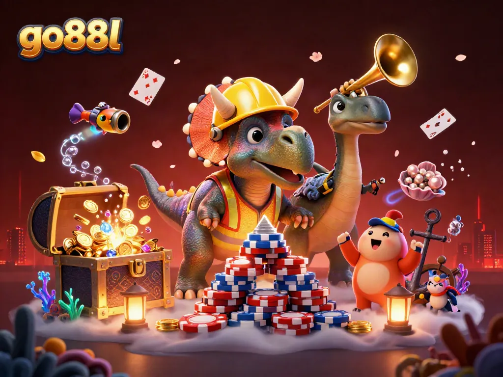 Experience exciting gameplay with go88l, featuring a triceratops and friends celebrating a poker chip victory.