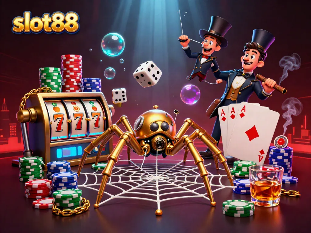 Experience the thrill of slot88 with an imaginative 3D scene of a golden spider and poker elements.