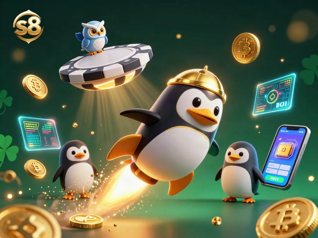 Engage in thrilling casino adventures with S8, featuring a rocket-powered penguin amidst glowing coins.