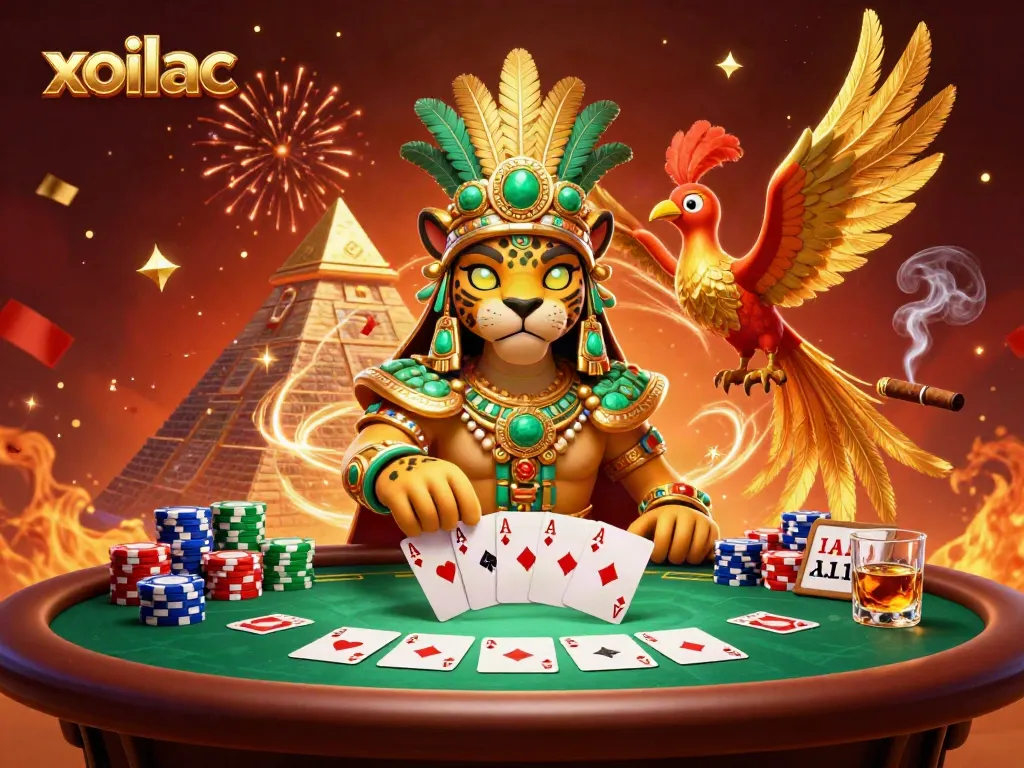 Xoilac captures thrilling poker action with a Mayan priest, quetzal bird, and vibrant casino atmosphere.